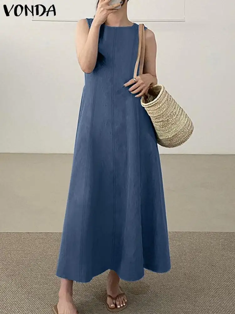 

Oversize Long Dress VONDA 2023 Women Sexy Sleeveless Tank Casual Summer Denim Party Maxi Sundress Solid Color Loose Robe Femme