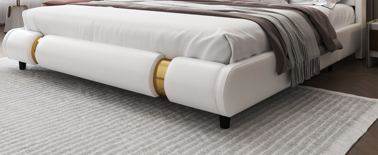 Description Picture 3 of itemModern Faux Leather Upholstered Platform Bed Frame with Golden Iron Metal Decor, Adjustable Curved Headboard, Queen White-golden