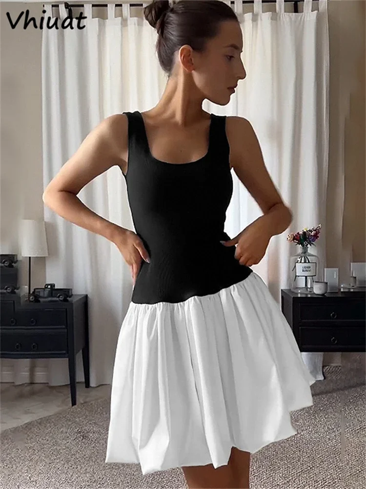 

Vhiuat Patchwork Casual Fashion Sleeveless Backless Slim Short Dresses 2024 Women Off Shoulder Elegant Party Vestidos Summer