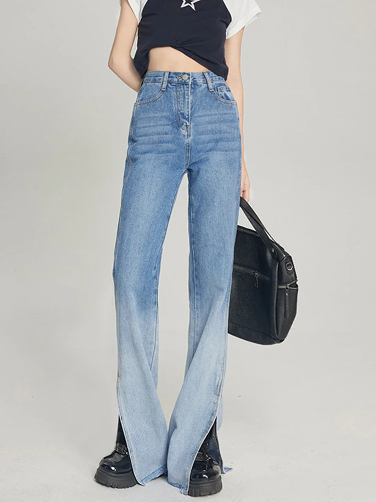 

Vintage Gradient Color Jeans Women Korean Fashion High Waist Split Flared Pants Female Light Blue Slim Denim Pants 2023 New