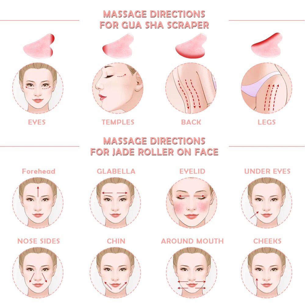 Masseur de visage à quartz rose rose Rouleau de jade Ensemble de grattoir Gua Sha Rouleau facial Outil de massage en pierre de cristal naturel pour les soins de la peau Outils de beauté de levage du visage Masseur yeux