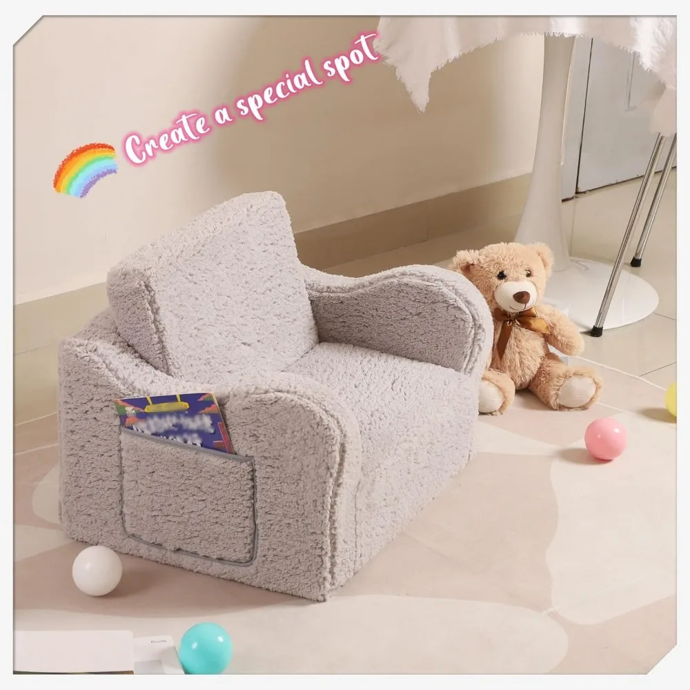 Kids Chairs for Toddler, 2-in-1 Toddler Soft Sherpa Couch Fold Out, Convertible Sofa to Lounger for Girls and Boys, Grey 6