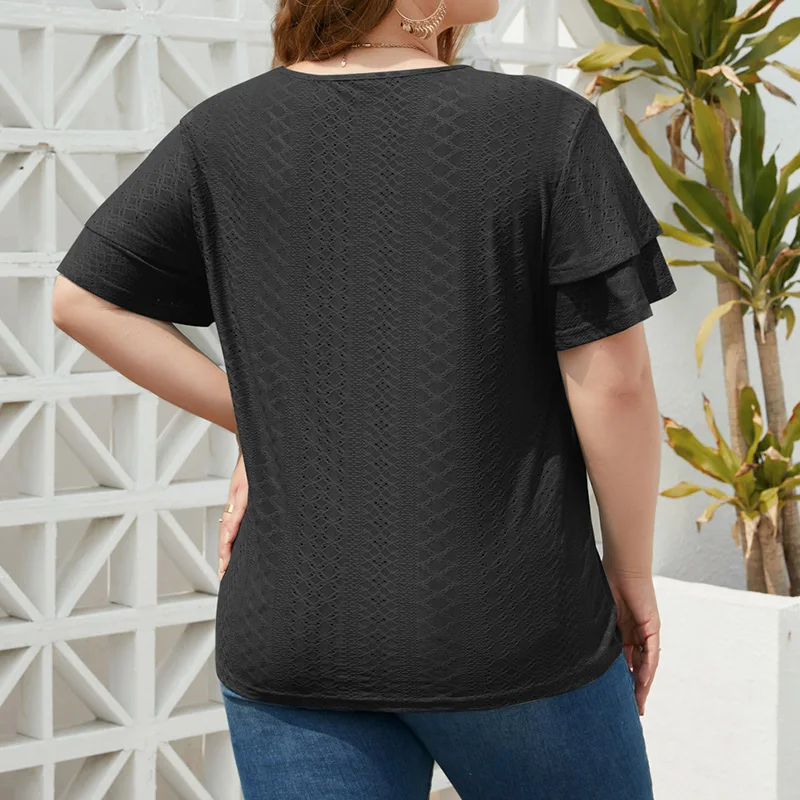 Spring Summer Women's Loose-Fitting Casual T-shirt Plus Size Clothes V-Neck Hollow Out Solid Color Short Sleeve Pullover Tops