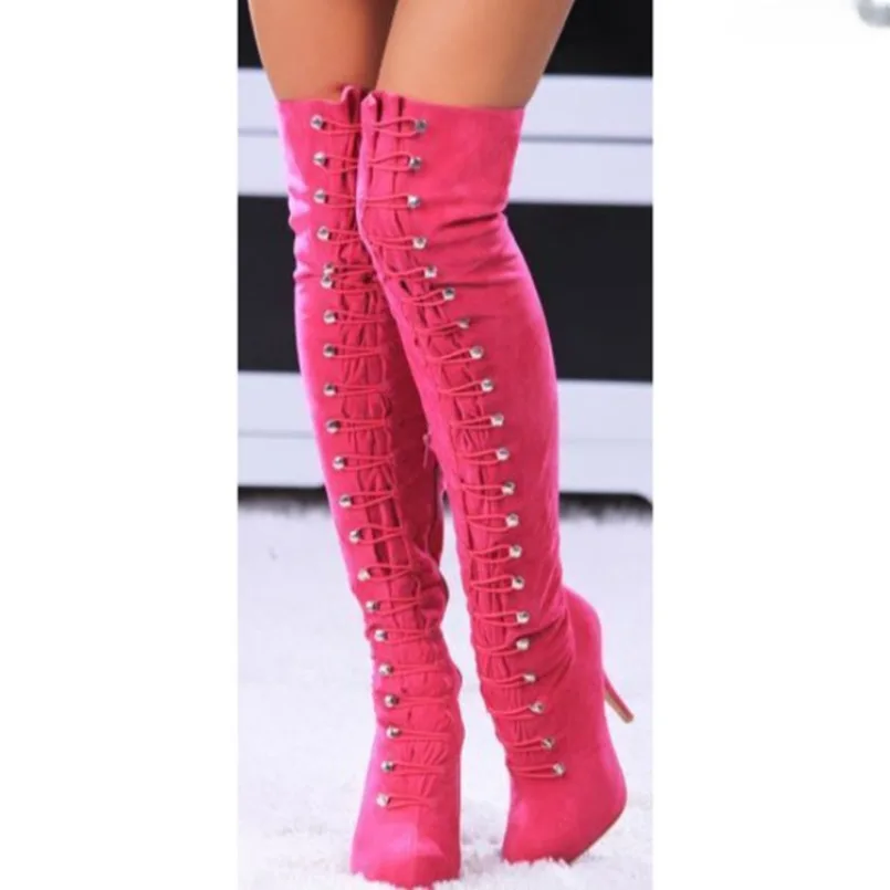 

2024 Fashion Women Over The Knee Boots Stiletto High Heel Boots Round Toe Gorgeous Fuchsia Party Shoes Women Plus US Size 5-15