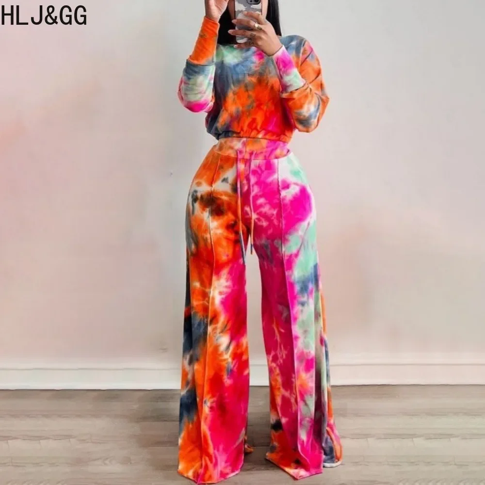 HLJ&GG Casual Tie Dye Print Wide Leg Pants Two Piece Sets Women O Neck Long Sleeve Crop Top And Pants Tracksuits Female Outfits