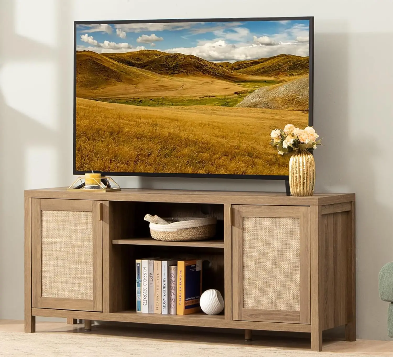 

TV Stand for Living Room : Rattan TV Console Cabinet with Storage and Shelf, Boho Entertainment Center, 59" Media Console