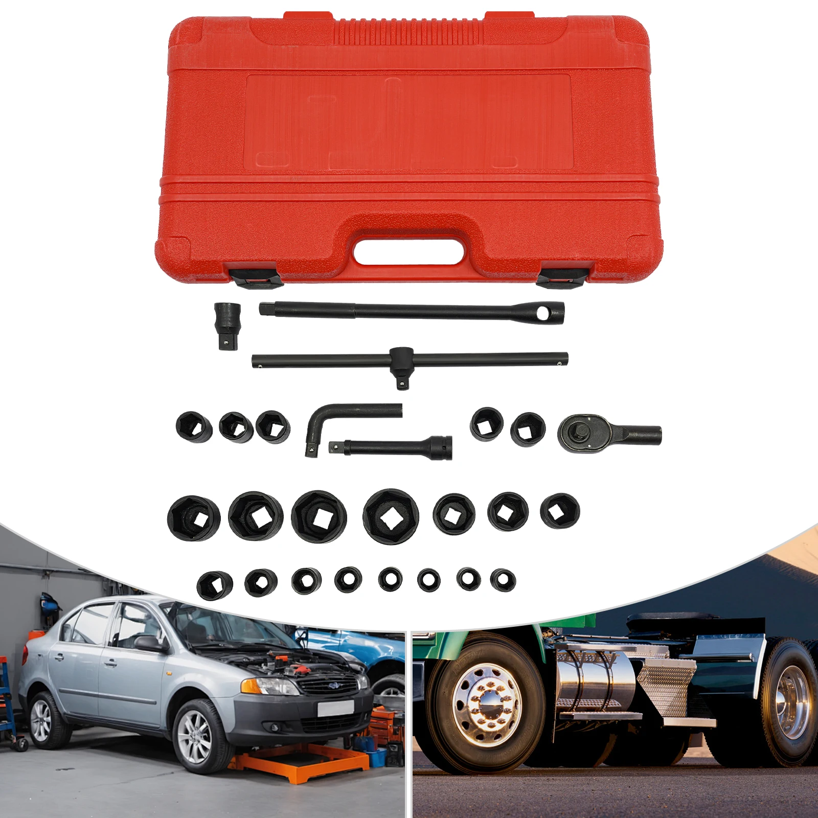26-teiliges schweres Steckschlüssel-Set 21–65 mm mit umkehrbarer Ratschen-Steckschlüssel und Bit-Set für Autos, Transporter, Schlagschrauben – Detail 1