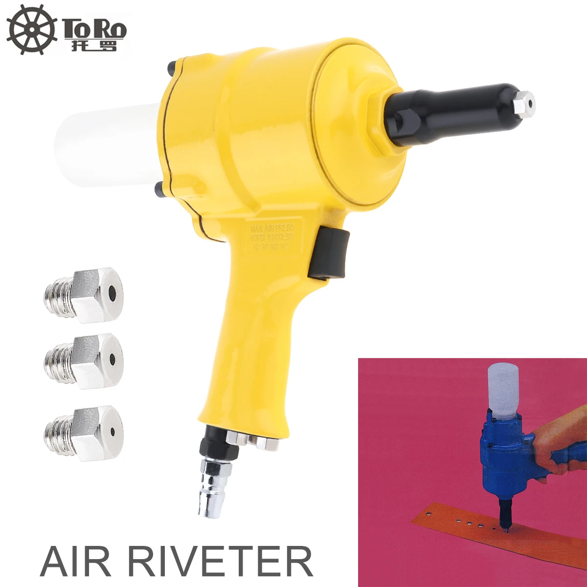 

TR-8350 Pneumatic Pistol Type Rivet Gun Air Power Operated Riveter with 4 Guide Nozzles and Small Hex Wrench for Punching Nails