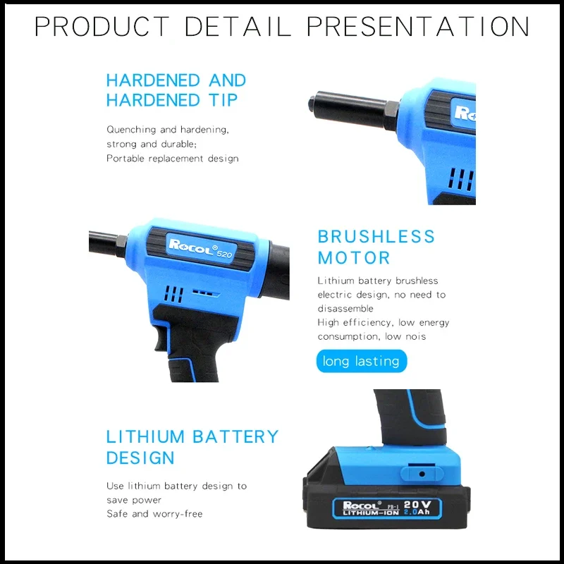 Electric Rivet Gun Rocol RL-520 Lithium Battery Automatic Core Pulling Riveting Tool Stainless Steel Brushed Rivets