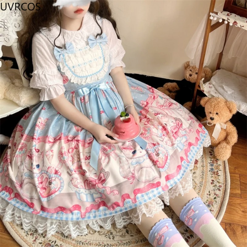 Japanese Dream Lolita Jsk Dress Women Kawaii Cute Cat Print Bow Lace Sleeveless Strap Dresses Girl Sweet Princess Party