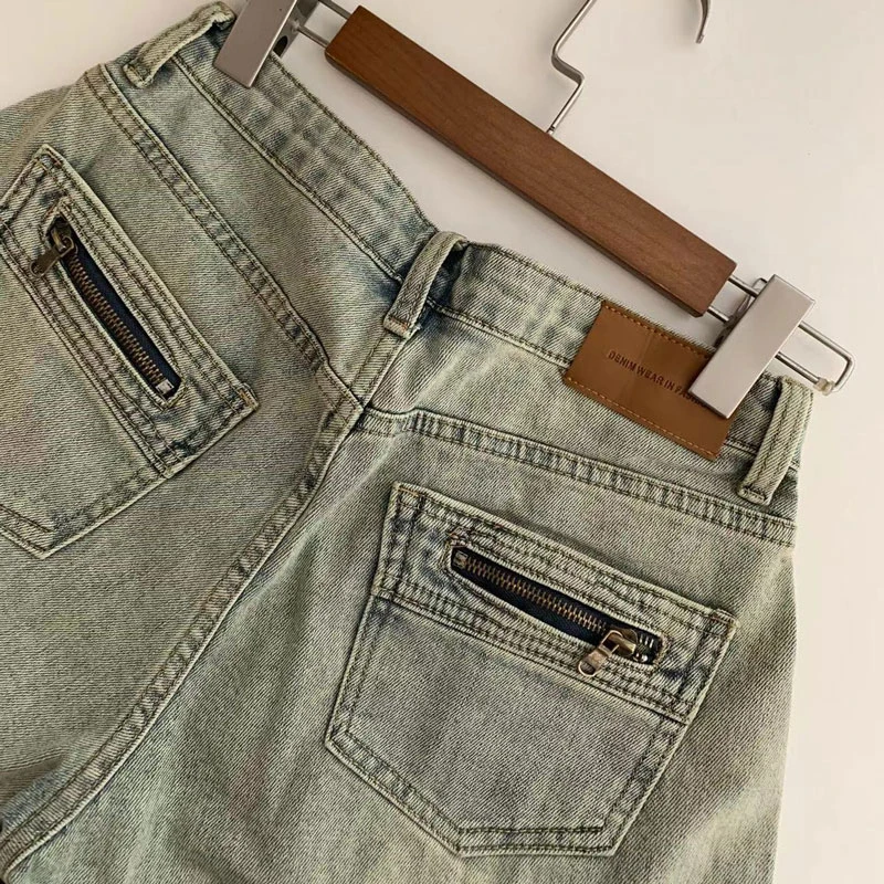 Spice Girls American Yellow Clay Denim Shorts Women Wrap Hip Straight Stretch Design High Waist Pocket Zipper Wide Leg Hot Pants