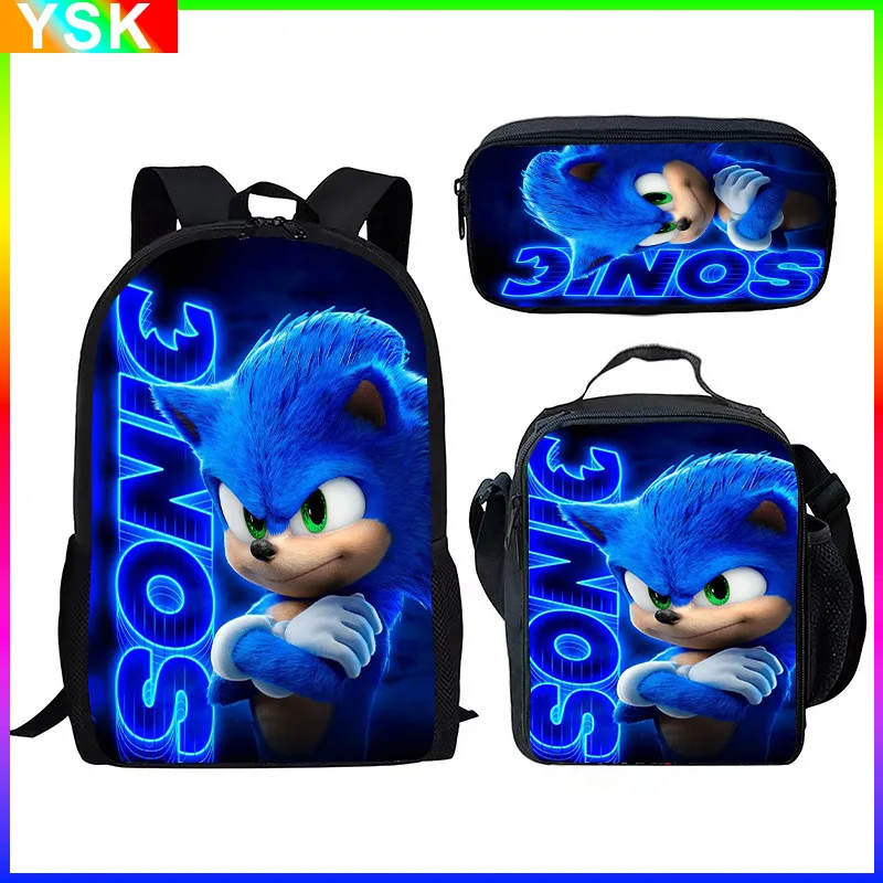 

Three-piece School Bag 3D New Sonic Sonic Primary and Secondary School Students Backpack Lunch Bag Pencil Case Zipper Backpack