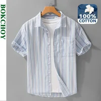 2025 été nouveau décontracté coton rayé à manches courtes chemise pour hommes mode col rabattu chemise FY227 1