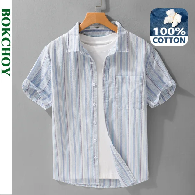 2025 été nouveau décontracté coton rayé à manches courtes chemise pour hommes mode col rabattu chemise FY227 1