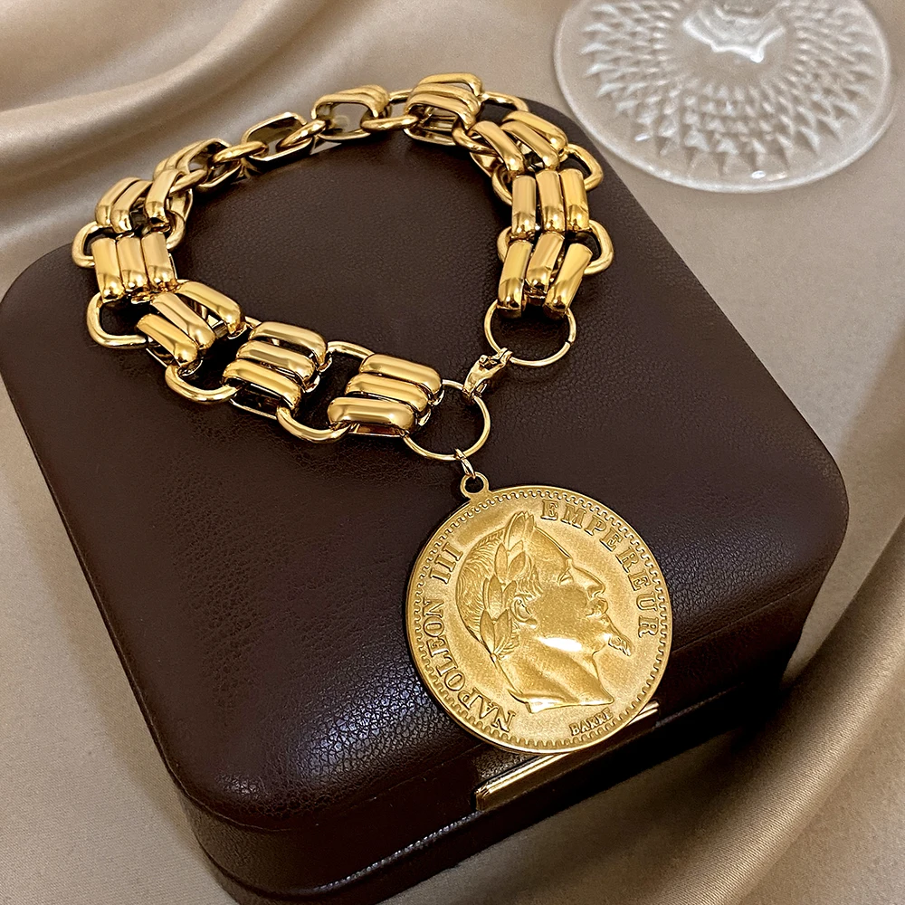Chunky Vintage-Inspired Gold Coin Pendant Bracelet in Stainless Steel