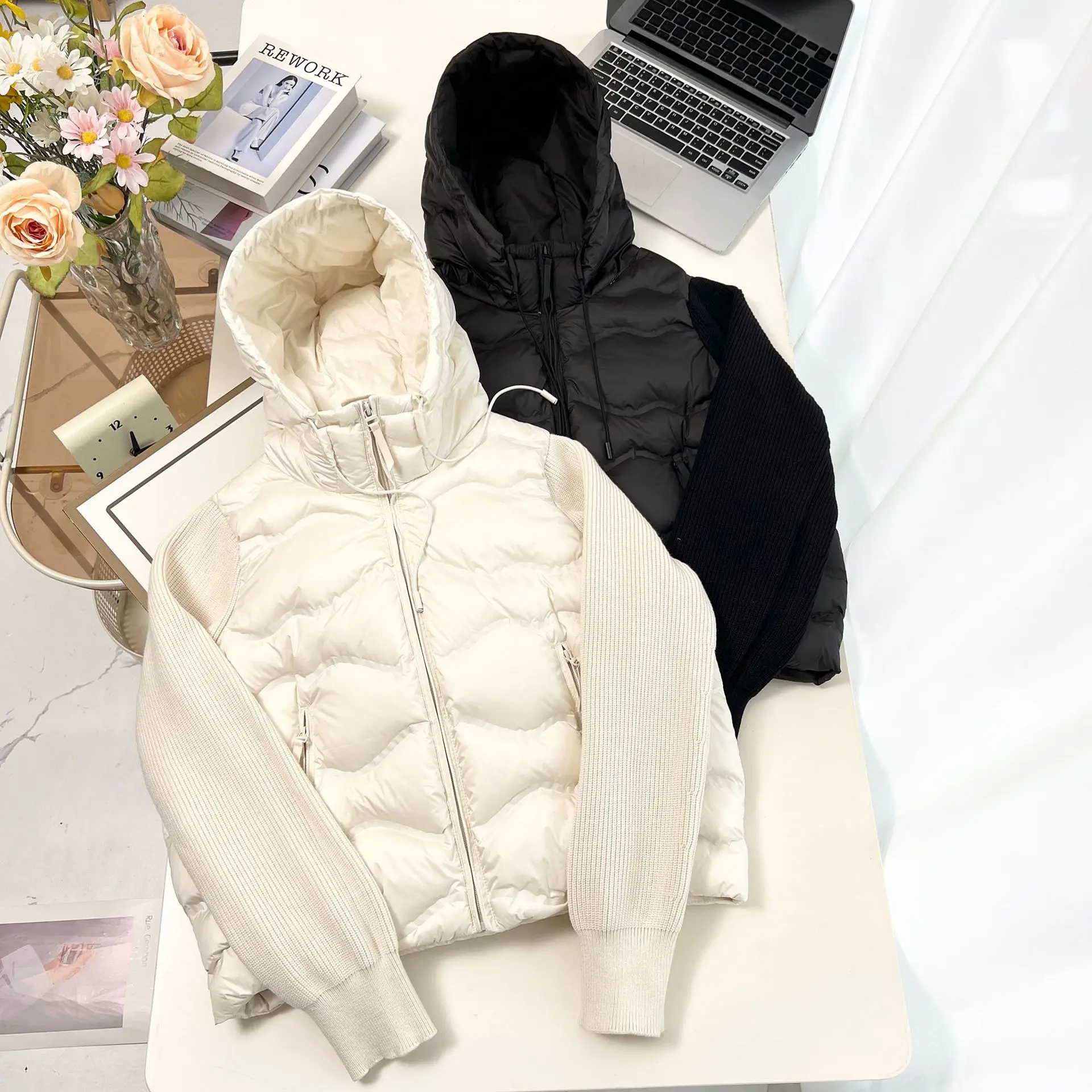 XXXXL Fashion Plus Size Women's Down Jacket 2025 Winter New Korean-style Knitted Sleeve Hooded White Duck Down Warm Coat 1769