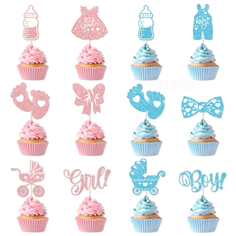 12/24pcs Boy or Girl Cupcake Toppers Food Dessert Cake Picks Gender Reveal Party Decor Supplies Pink Blue Baby Shower Gifts Party Decorations Birthday Party Supplies Cake Topper Cake Decorations Cake Toppers Cupcake Supplies