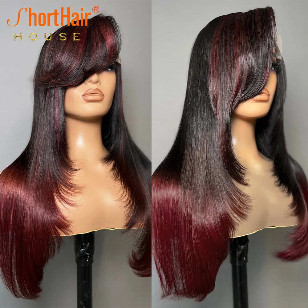 99J Burgundy Wavy Human Hair Wigs Invisi 360 Lace Front Wigs With Side Bangs PreCut 5x7 Lace Glueless 250% Highlight Brazilian