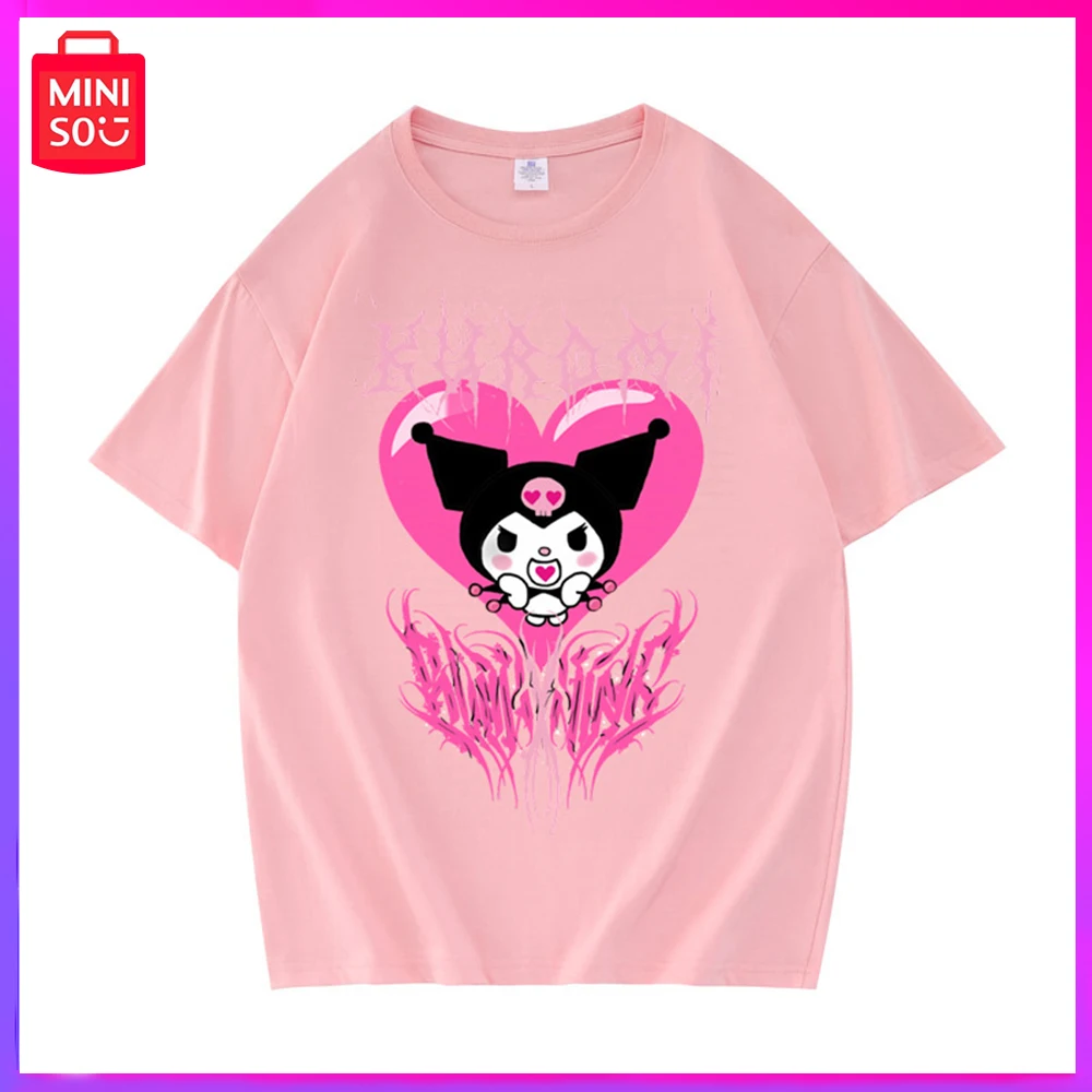 

2024 Miniso Sanrio Kuromi New Spring Summer Love Print Cartoon Cotton Short Sleeve T-Shirt Pink Birthday Christmas Girl Boy Gift