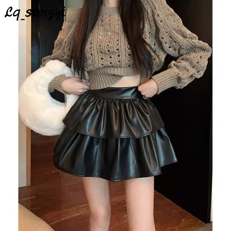 

Ball Gown Skirts Pu Leather Women High Waist Sexy Mini Skirts Tennis Skirt Girl Preppy Style White Black Solid Cake Short Skirts