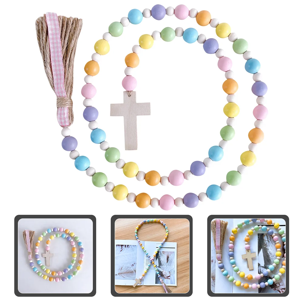 

Cross Wooden Beads Garland Wreath Easter Hanging Decoration Beaded with Tassels Pendant