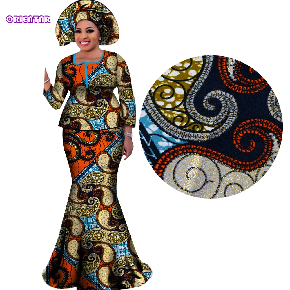 Gild Women African Outfits with Headscarf Bazin Riche African Print Blouse and Long Skirts Bronzing Women Suits Clothes WY3109 bazin riche african suit for men outfit set ankara style plus size short sleeve blouse and pants 2 piece tracksuit a2116020