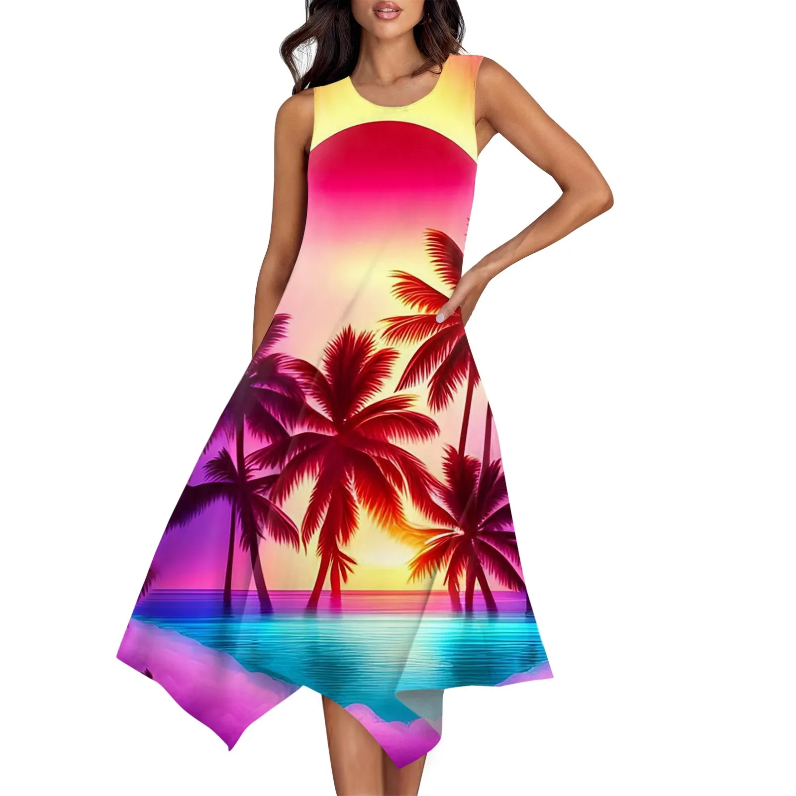 

Women'S Summer Fashion Round Neck Sleeveless Hawaiian Print Irregular Hem Midi Dresses Elegant Dresses For Women Women'S Clothin