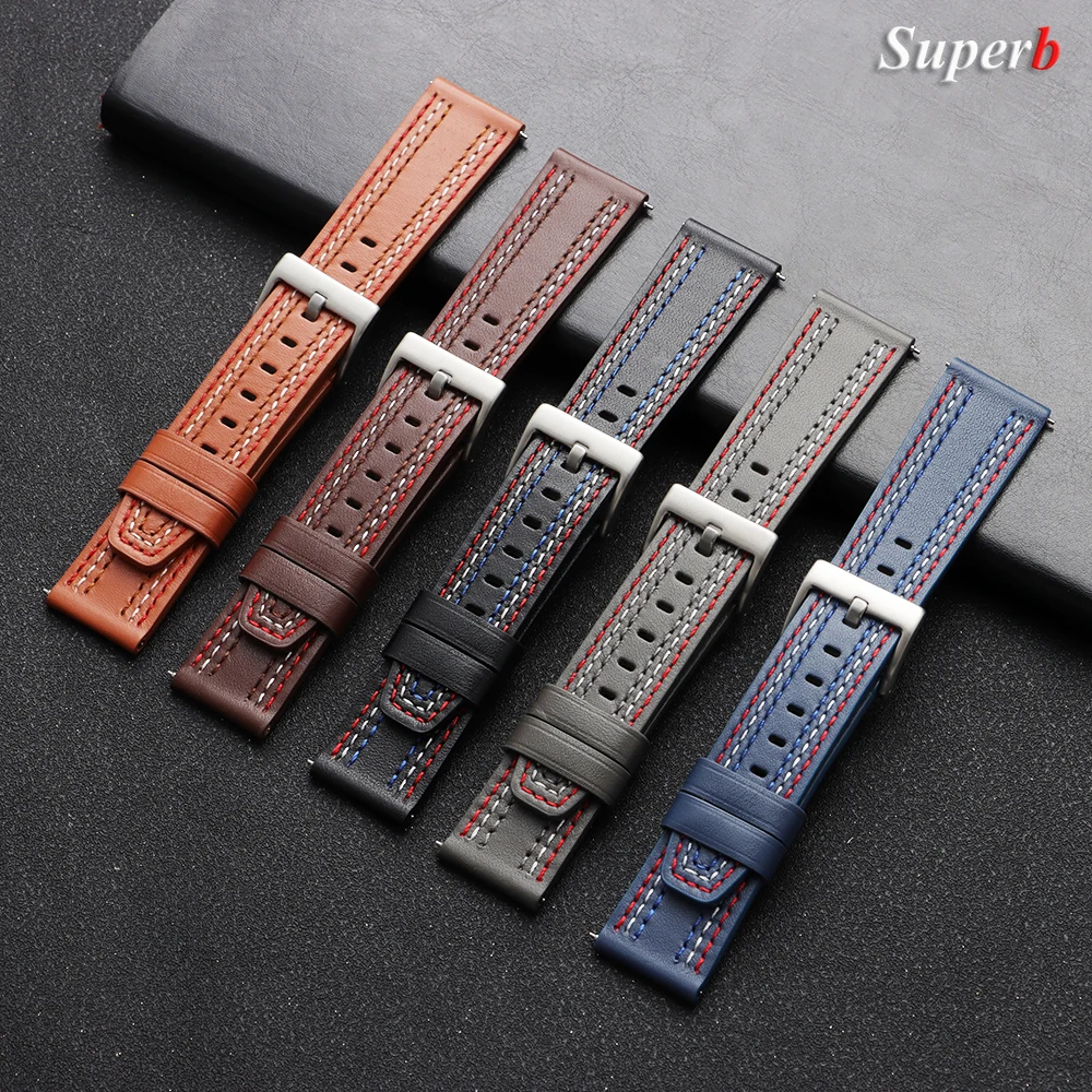 Colorful Stitching Genuine Leather Watch Strap, Universal Replacement, 20mm/22mm