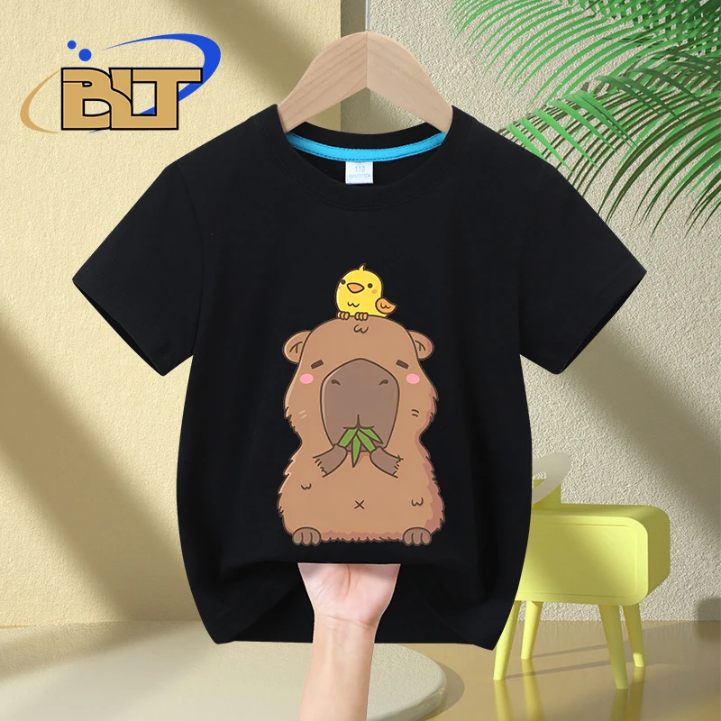Cute Capybara & Yellow Bird Cartoon Print Kids' Summer T-Shirt