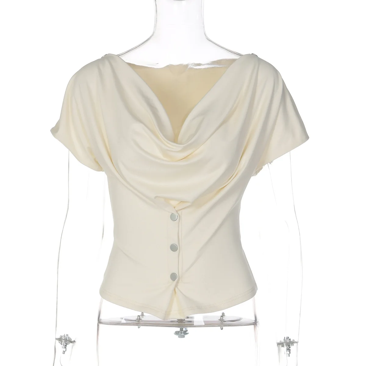 Tuularose Women Summer Top Fashion Button-Front Patchwork V-Neck Pleated Fitted Top New Casual High-Street Party Female T-Shirts