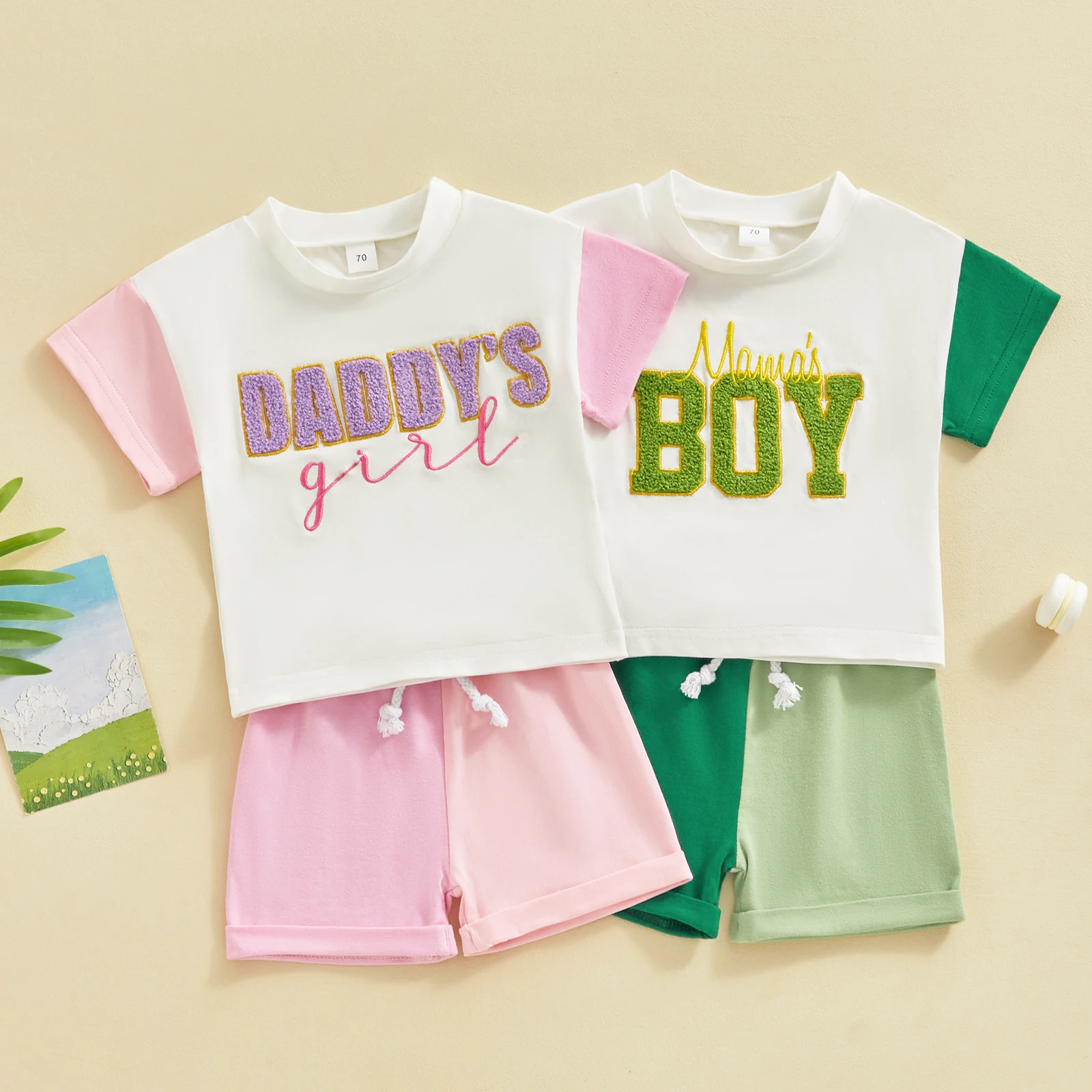 

Toddler Infant Baby Shorts Set Letter Embroidery Short Sleeve Round Neck T-Shirt with Contrast Color Shorts 2Pcs Girl Boy Outfit