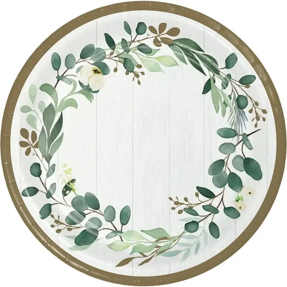Eucalyptus Party Dinner Plates 24 Pack Disposable Paper Plates 24 Guests 10" Round Green/White/Gold Theme Wedding