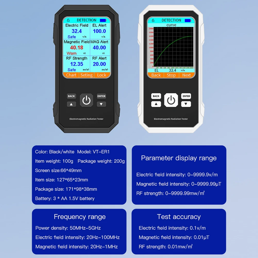 Radiation Detector Emf Meter Tester Electromagnetic Radiation Detector Backlit Color Screen EMF Meter Electric Field Magnetic Field RF Radiation Tester Sound Alarm
