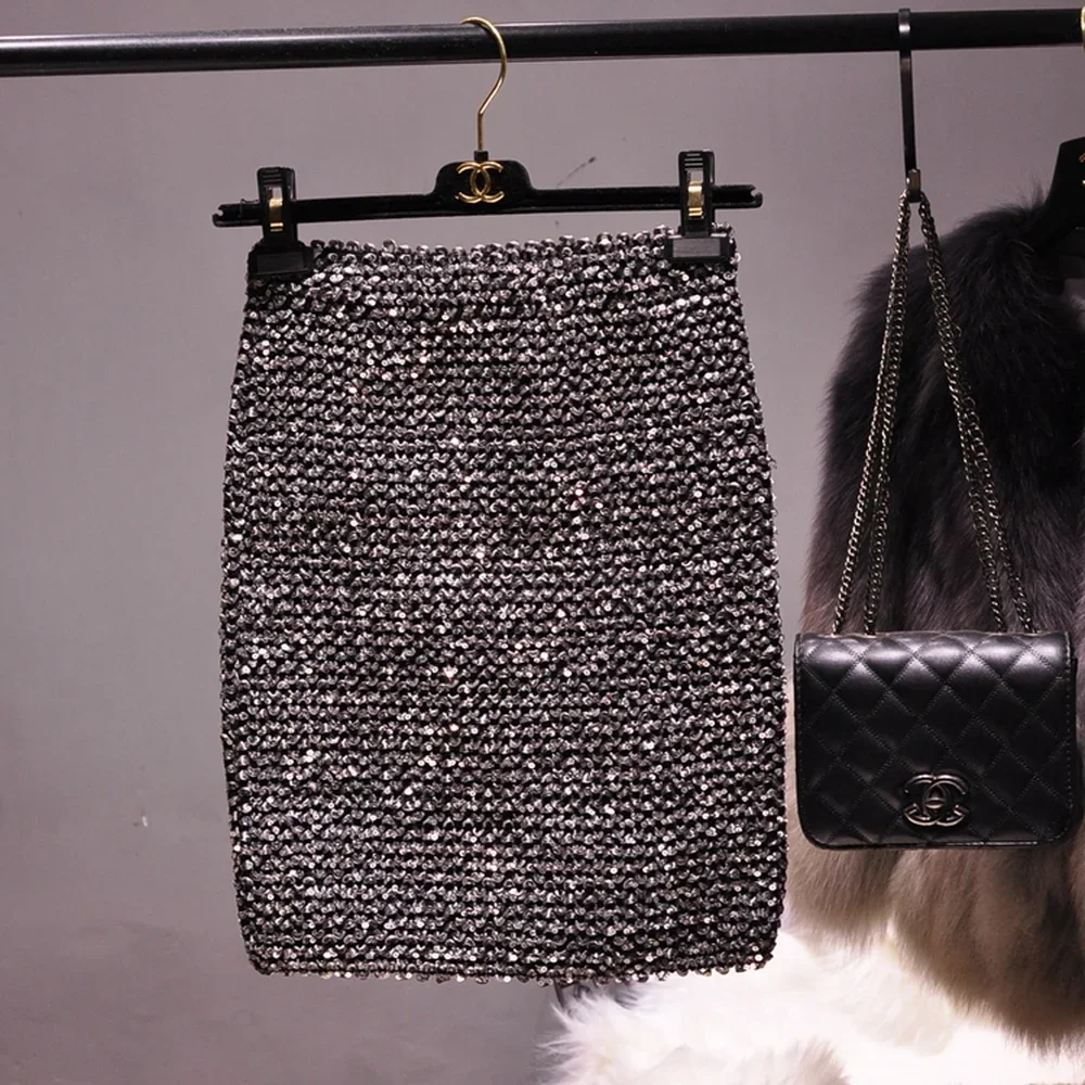 Autumn and Winter Korean Version of The Sequined Elastic High Waist Bottoming Skirt Sparkling All-match Bag Hip Skirt Women