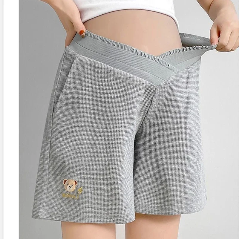 Shorts de maternidade plissado, perna larga, solto, reto, cintura baixa, roupa de barriga para gestantes, casual, verão