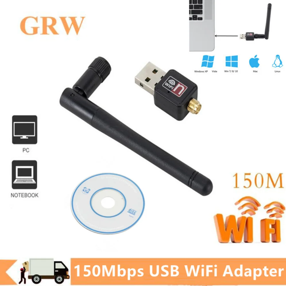 

150Mbps Wireless Network Card Mini USB WiFi Adapter LAN 2.4GHz Wi-Fi Receiver Dongle With Antenna USB Network Card for PC Laptop