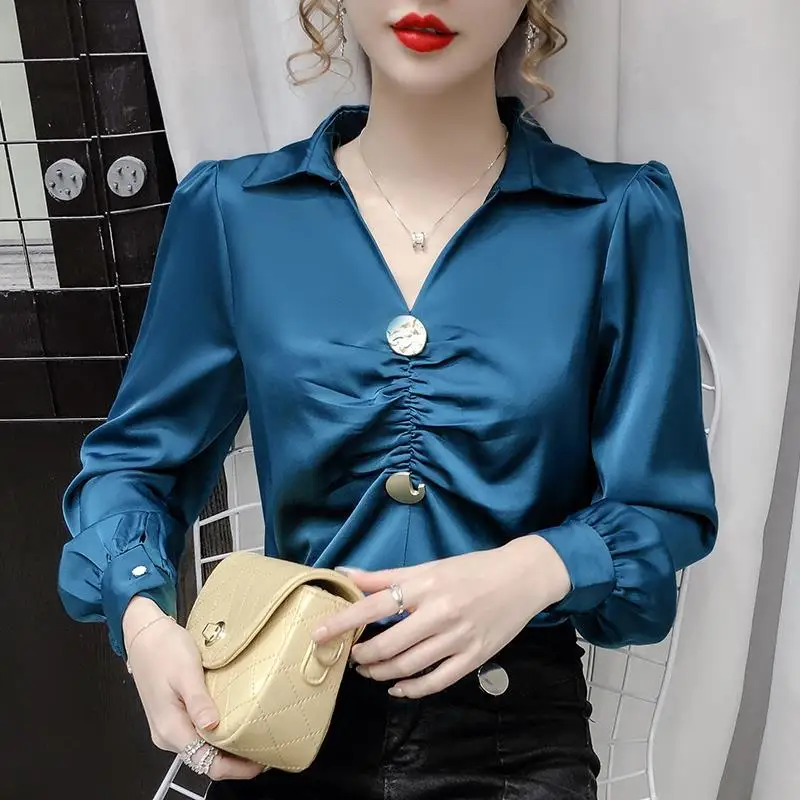 Thin Imitation Silk Sense of Design Three Colors Puff Sleeve Light Ripe Girl Blouse Deep V-Neck Large Metal Sheet Decoration diy three tiered tray epoxy resin mold silicone coaster mould geode moule resine desktop decoration 3 tier molde bandeja flor