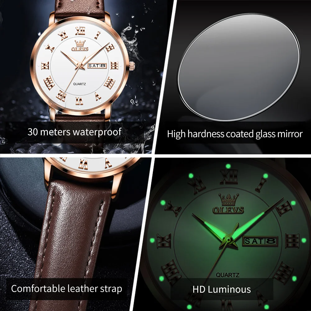 OLEVS Fashion Simple Quartz Watch for Men Leather Strap Waterproof Week Date Mens Watches Top Brand Luxury Relogio Masculino