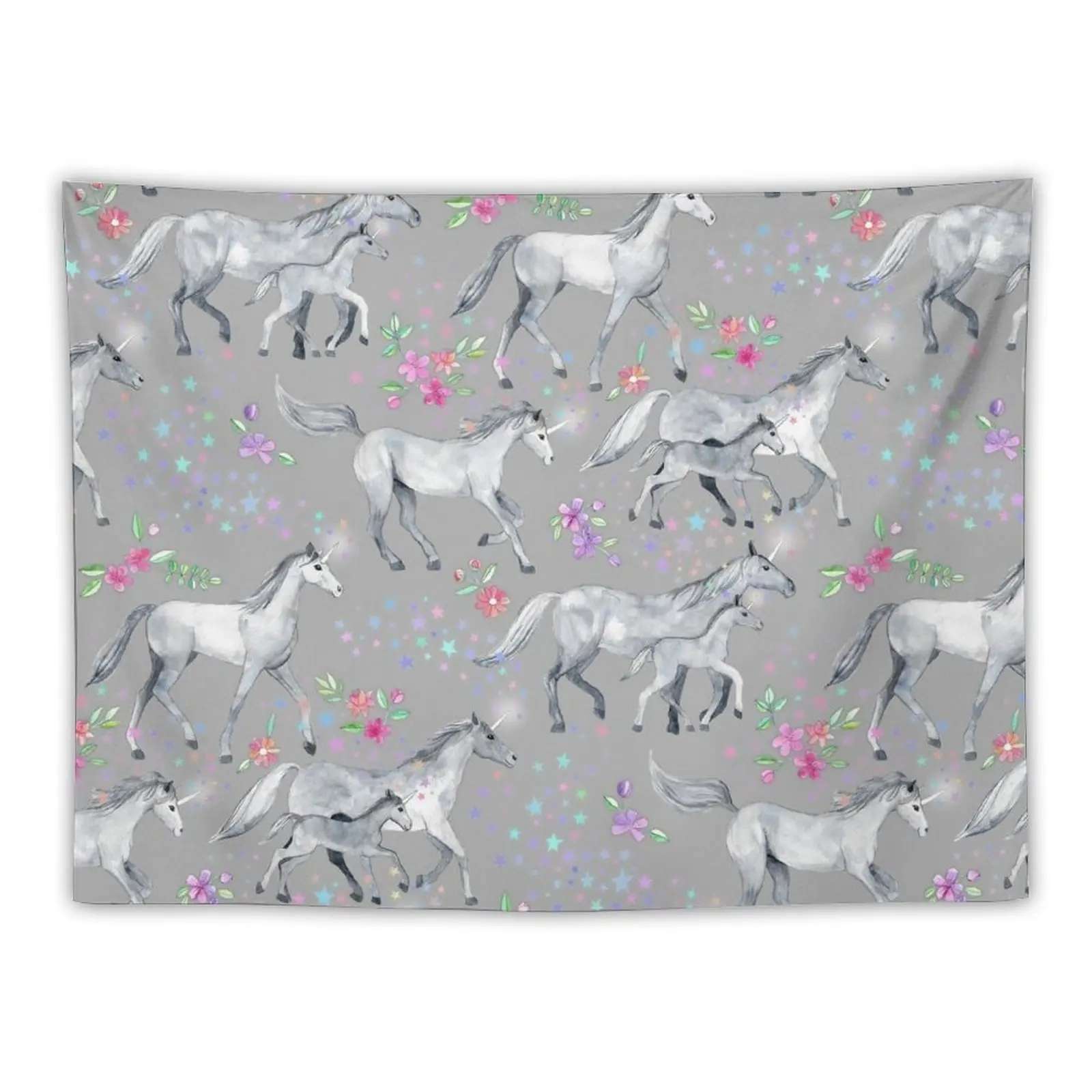 

Unicorns and Stars on Soft Grey Tapestry Room Decor Korean Style Room Decoration Wall Tapestry