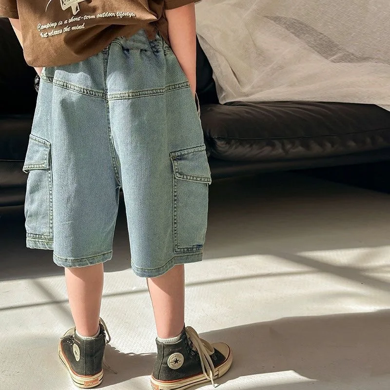 Kids Boys Cargo Denim Pants for Summer Dark Blue/Light Blue Big Pocket Loose Wide Leg Shorts Casual Children Short Pants A24607