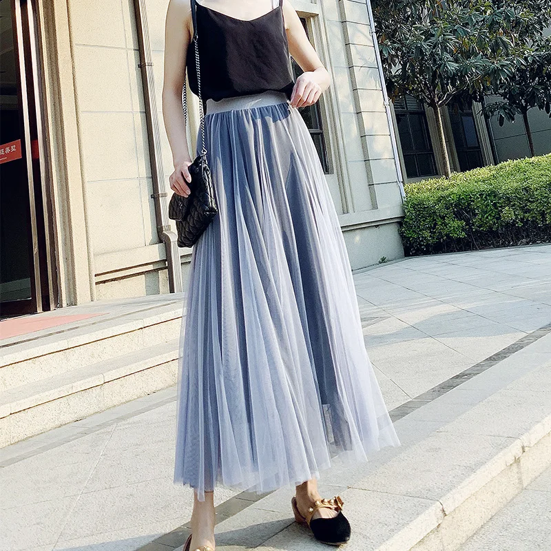 brown skirt Preppy Style High Waist Long Mesh Skirt Korean Casual Hit Color Patchwork Female Skirts 2020 Summer New Chic Faldas Mujer black pencil skirt