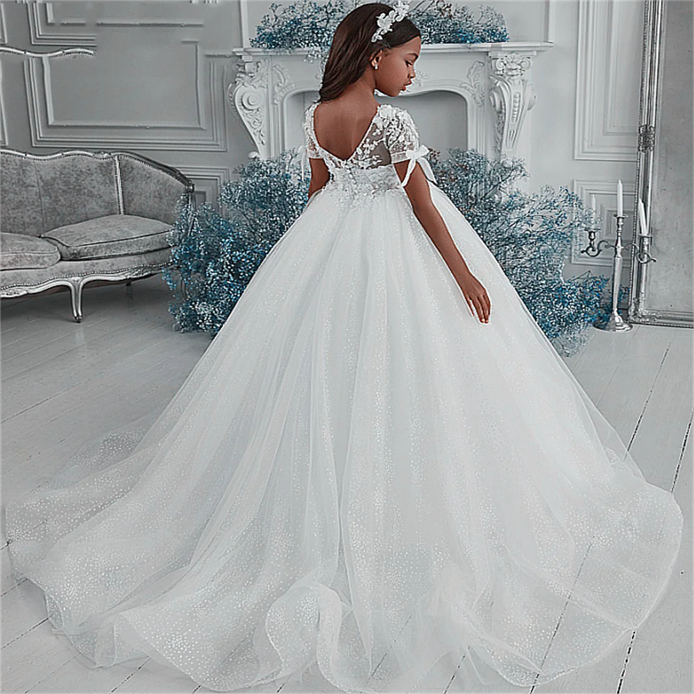 

Spring Kids Floor Length Lace Mesh Flower Girl Birthday Dresses First Communion