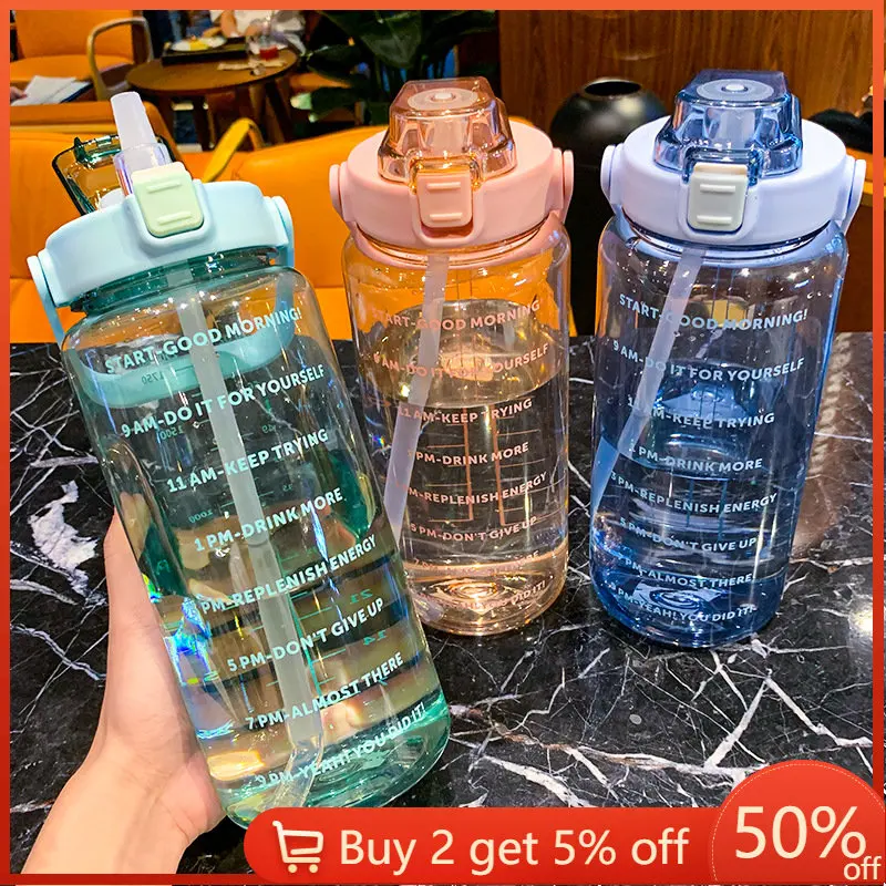 2 Liters Water Bottle with Time Marker Outdoors Bicycle Sports Drinking