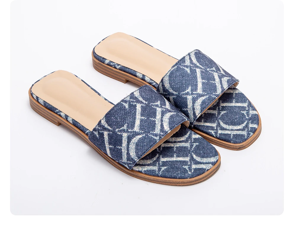 Classic Simple Design Chic Beige Pattern Flat Slides Women Summer Slip On Sandals Anti slip Sole OUT1085