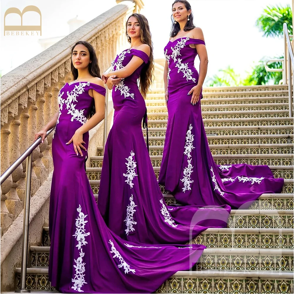 

Grape Satin Bridesmaid Dresses Off the Shoulder Guest Wedding Party Dress 2024 New In Mermaid Elegant Gowns Bridesmaids Robe