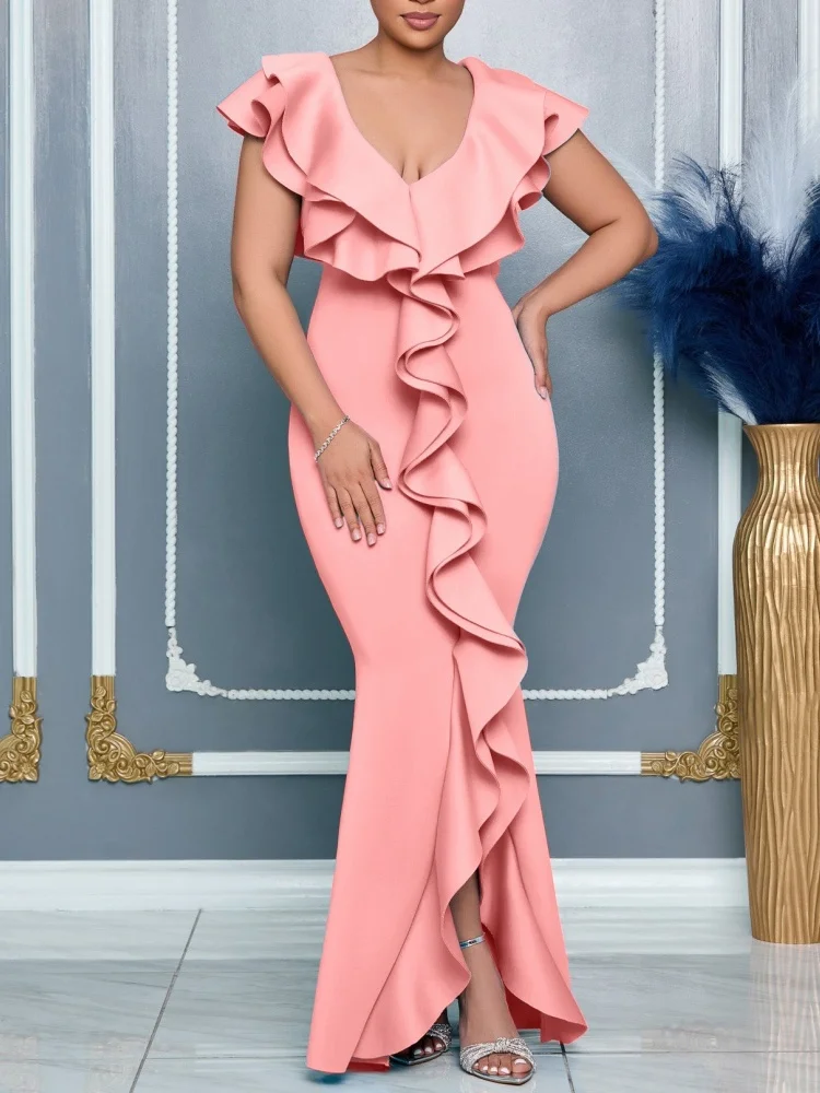 Wmstar 2025 New Women Fashionable Elegant Summer Dress Solid Color V Neck Ruffled Slit Fishtail Dress Short Sleeve High Waist