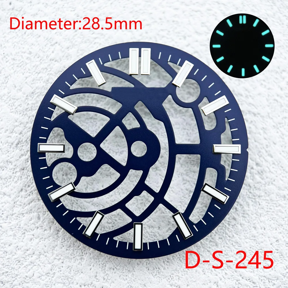 

2023 Newest NH70 Skeleton Watch Dial 28.5mm Green Luminous Dial For NH70 Movement Men Women Watch Accessories With S Logo