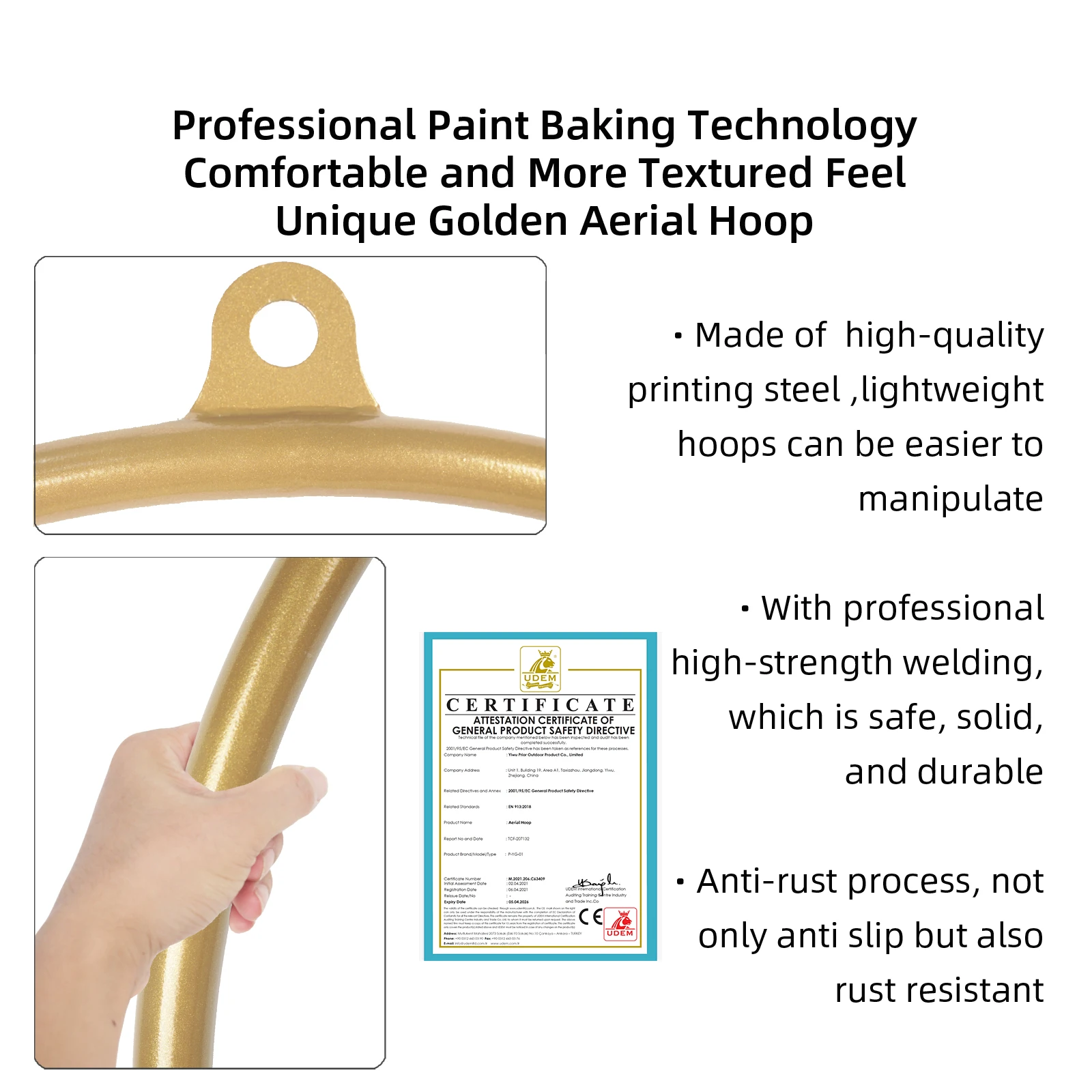 High Quality 85cm 25mm Gold Aerial Lyra Hoop Dance Hoop for Acrobatics Circus Aerial Lyra Set