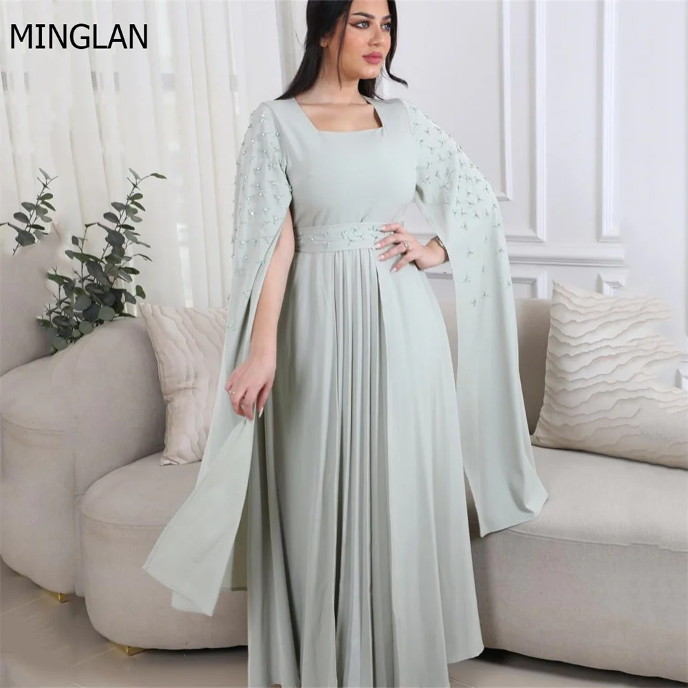 

MINGLAN Fashion Square Neck Sleeveless Crystal Pleat A Line Long Prom Dress Elegant Floor Length Sweep Train Formal Evening Gown