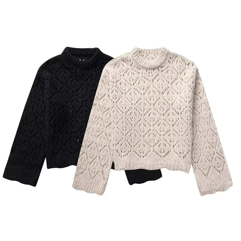 

TRAF Fashion Hollow Out O-Neck Sweater Women Autumn Y2K Outer Wear Long Sleeve Knitted Tops Mesh Thin Pullovers Smock Streetwear